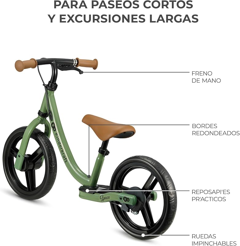 Espaço 2 Bicicleta Sem Pedais, Bicicleta de Rapaz de 2 anos, Bicicleta de 2 Rodas, Sela Ajustável, com travão, Leve, 3,6 kg, Rodas com 28 cm de diâmetro, 35 kg, Verde