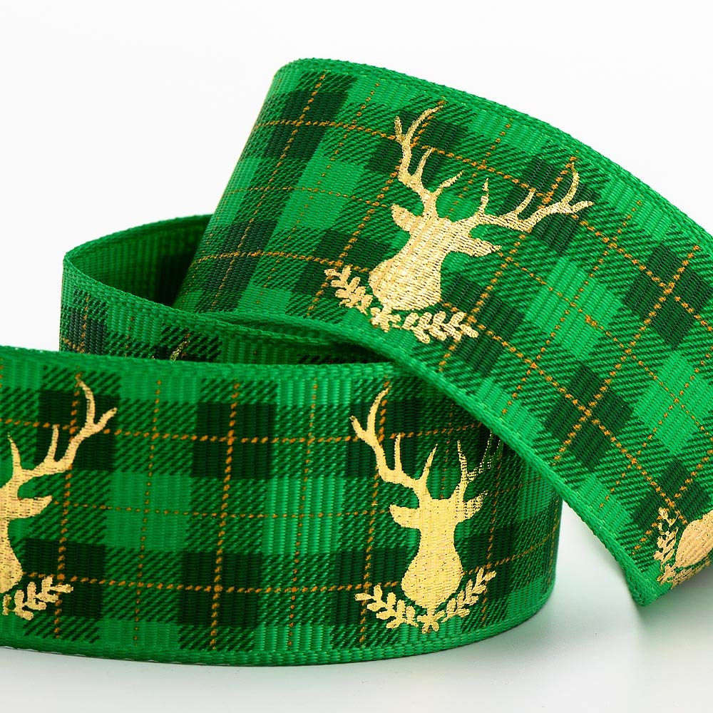 Italian Options Grosgrain Green Stag Tartan Ribbon, Scottish Christmas Ribbon for Crafts, Gift Wrapping, Wreaths, Tree Decorations, Hair Bows, Tartan Green, Gold Foil Stag, 25 mm x 10 Metre Roll