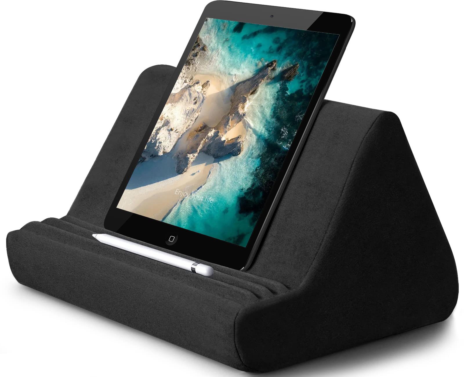 Transplant Soft Tablet Stand Pillow with Pocket, Multi-Angle Lap Stand, Book Couch Wedge Holder, Lazy Holder for Tablet/iPad/E-Reader/Bed Sofa/Smartphone/Books (Black)1