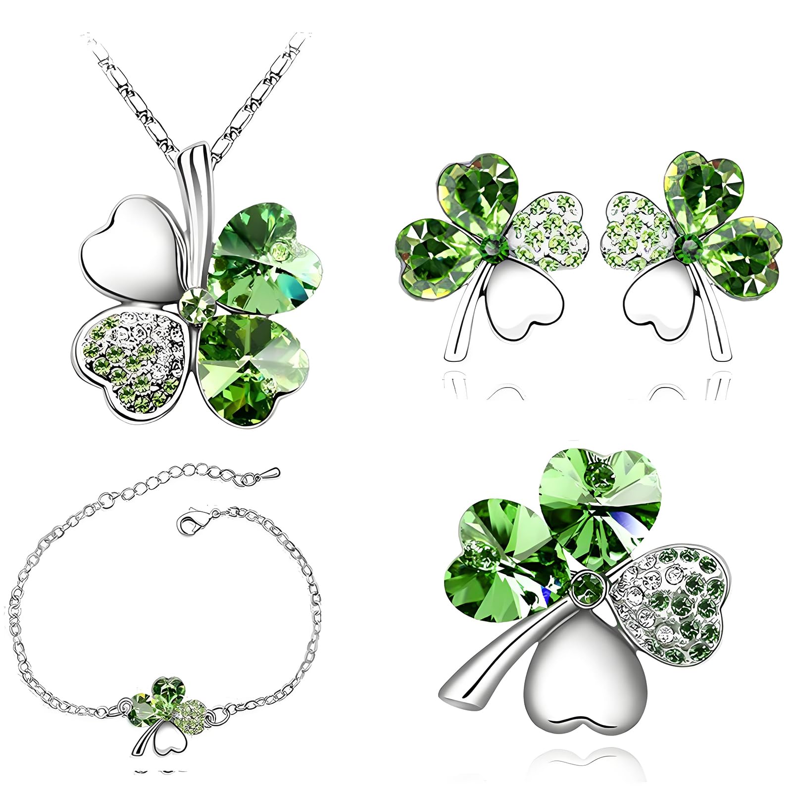 SwirlColor Four Leaf Clover Jewellery Set, Clover Bracelet Necklace Earrings Brooch, Novelty Lucky Shamrock Jewellery Set for Women/Mother/Daughter/Girlfriend/Wife 4pcs/Set
