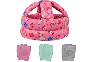 TORASO Baby Helmet & Knee Pads for Crawling & Walking, 6-36 Months, Pink Cotton