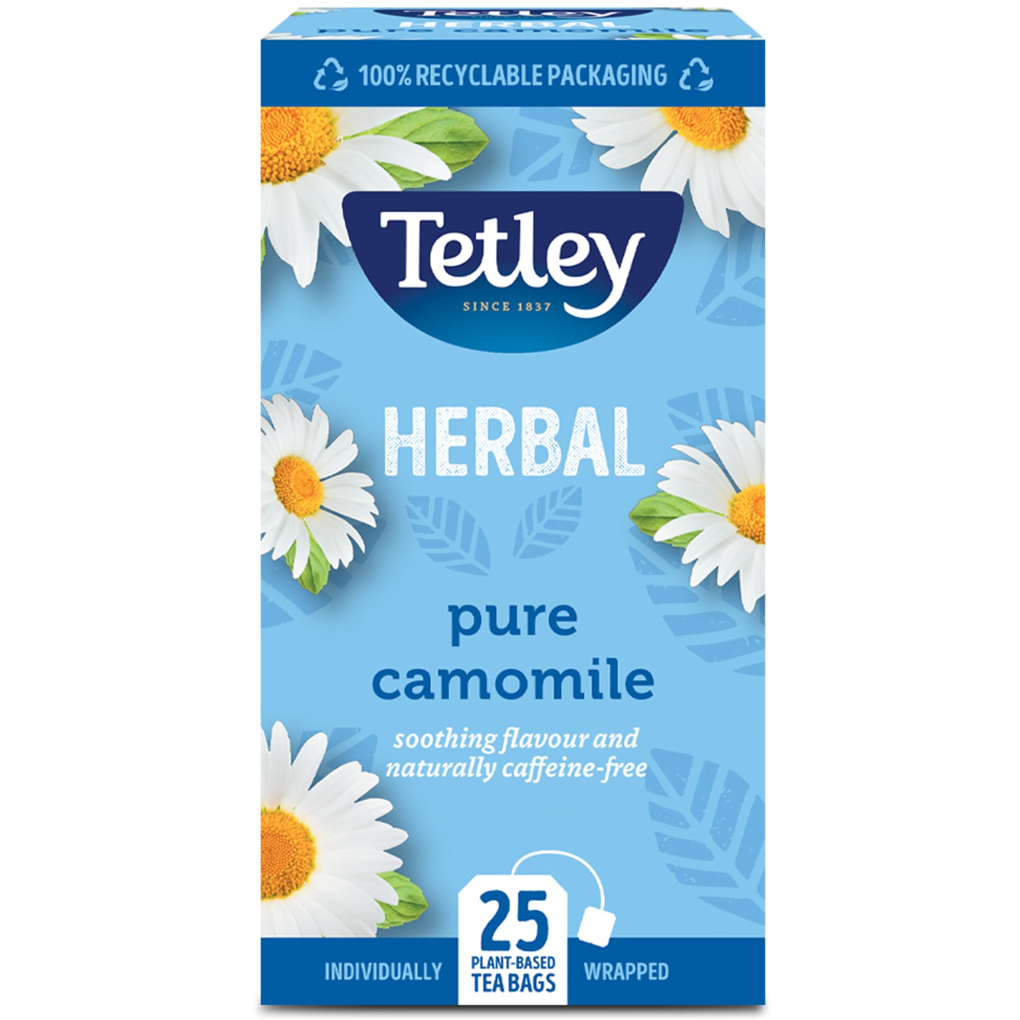 Tetley Pure Camomile Tea Bags - Gentle & Floral Herbal Infusion - Naturally Caffeine-Free - Relaxing & Soothing - Rainforest Alliance Certified - 25 Individually Wrapped Teabags