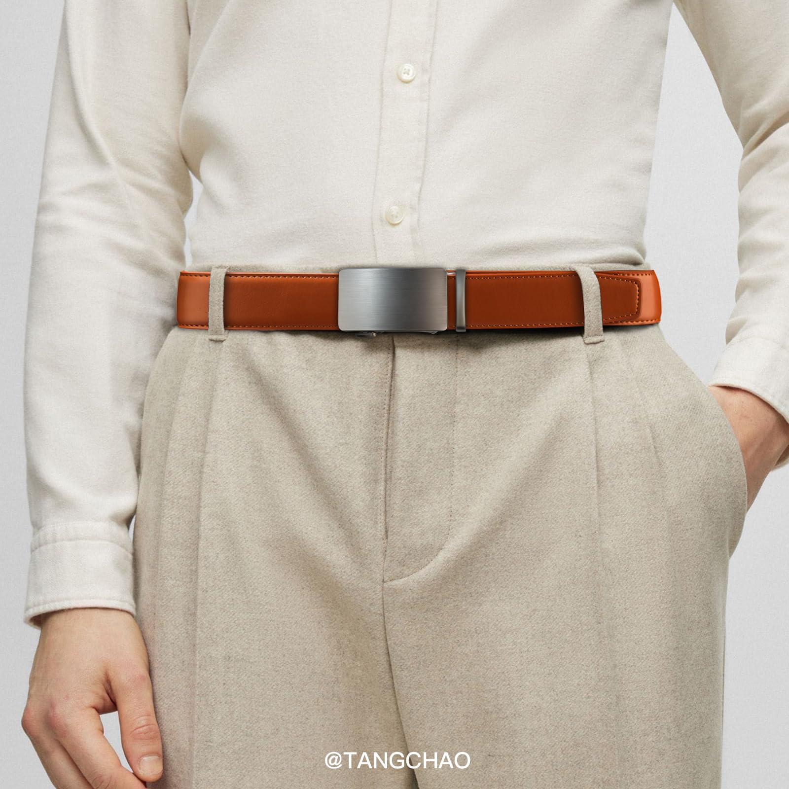 TANGCHAO Gürtel Herren,Ledergürtel Ratsche Automatikschließe für Herren Business Anzug Jeans, 35mm Gürtel,Größe Einstellbar, Braun 24, Länge 115cm (28"-37" taille verstellbar) 5