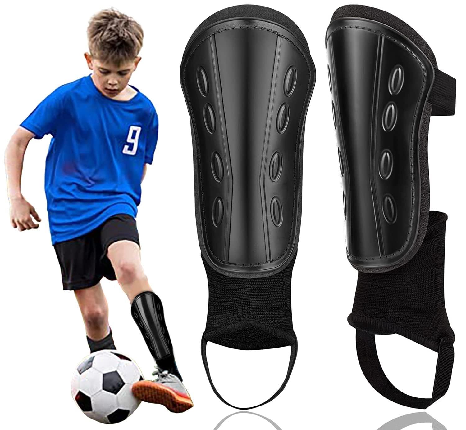 Football Shin Pads for Boys Kids - MMZ Non-Slip Shin Guards with Ankle Protection Footballs Training Equipment for Boys Grils Age 5-12 Youth Adults Soccer Protective Equipment Black (Small)