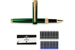 Dryden Designs Fine Nib Fountain Pen - Includes 24 Ink Cartridges - 12 Black and 12 Blue - Emerald Green - Smooth Elegant Writing with Fine Nib and Ink Converters