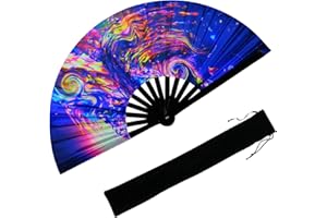 YKuzLx 13‘’ UV Glow Large Rave Fan for Men Women, Decorative Folding Hand Fan for Party, Home Decoration, Gift, Music Festival Essential, EDM Rave Accessories (Waves)