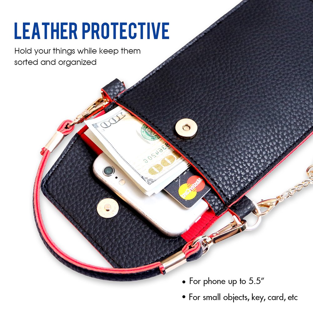 LKZAIY PU Leather Crossbody Bag Mini Phone Pouch with Shoulder Strap for iPhone 7 Plus, 6S Plus, 6 Plus, 7, 6S, 6, 5S, 5C, Samsung S8, S7 Edge, S6 Edge+, S6, S5, S4, J3, J7 (Black+Red)