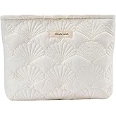uekeboag White Quilted Cotton Makeup Pouch,Coquette Quilted Toiletry Bag for Women and Girls, Floral Coquette Organizer Bag, Aesthetic Travel Cosmetic Bags(03White Shells)