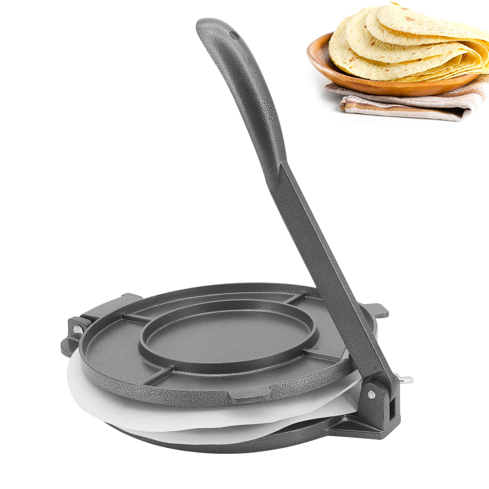 Beowanzk Tortilla Press,8 Inch Aluminium Tortilla Press,Pre-Seasoned Tortilla Maker with 100 Pcs Non Stick Greaseproof Baking Paper,Tool to Making Tortilla,Chapati,Roti (Black)
