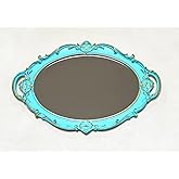 Schones Geschaft Decorative Mirror Tray, Makeup Jewelry Perfume Organizer,Vintage Oval Display and Serving Tray for Bedroom Living-Room Dresser Decor (14.4”x 9.8”) (Blue - Oval)