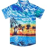 Little & Big Boy's Button Down Hawaiian Shirts Short Sleeve Cool Cartoon Print Aloha Dress Tops T-Shirt for Kids 7-14T