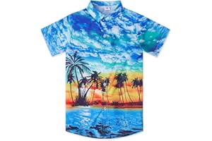 AHEGAO Little & Big Boy's Button Down Hawaiian Shirts Short Sleeve Cool Cartoon Print Aloha Dress Tops T-Shirt for Kids 7-14T