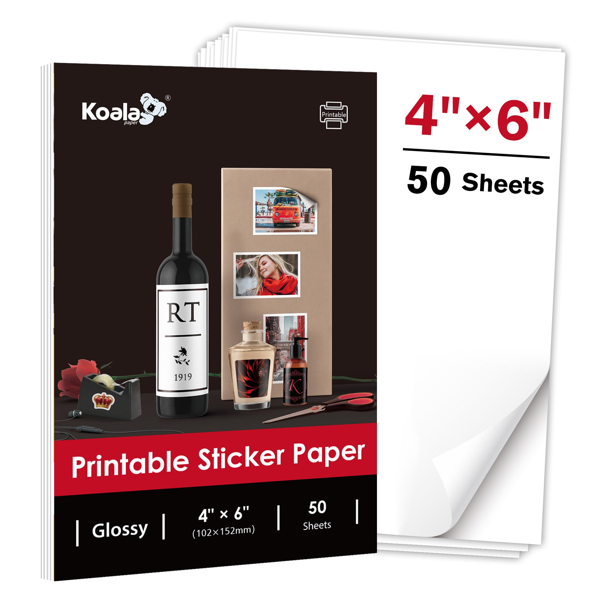 Photo 1 of Koala Glossy Sticker Paper for Inkjet and Laser Printer, 4x6 Inch 50 Sheets White Printable Sticker Paper, Self-Adhesive Photo Sticker Printer Paper