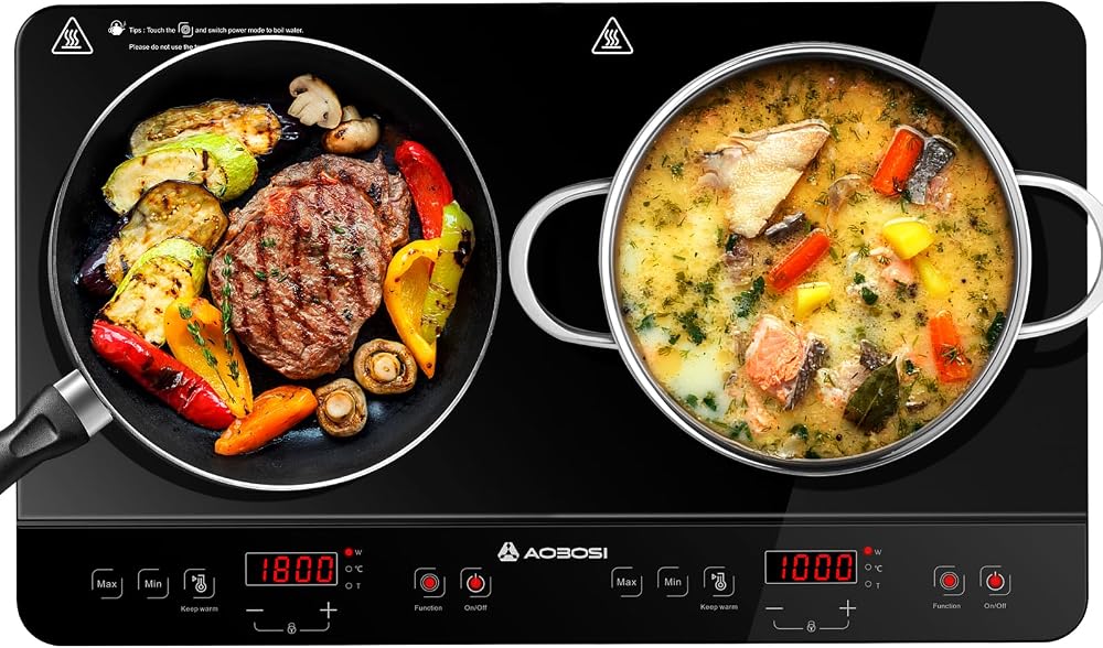 AAOBOSI Double Induction Hob Induction Cooker 2800W Dual Zone Portable Glass