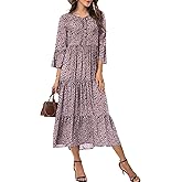 VIISHOW Womens 3/4 Sleeve Casual Bohemian Midi Dress