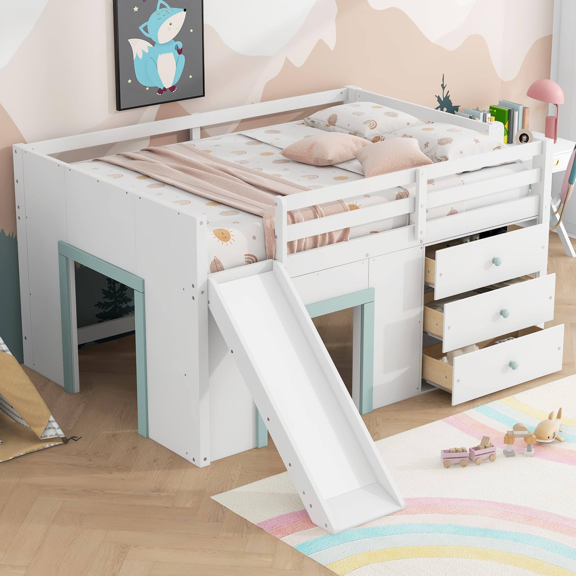 Photo 1 of *PARTIAL SET*
Bellemave Full Size Low loft Bed for Kids,Wood Modern Farmhouse Full Loft Bed with Slide and Drawer Storage, No Box Spring Needed, White