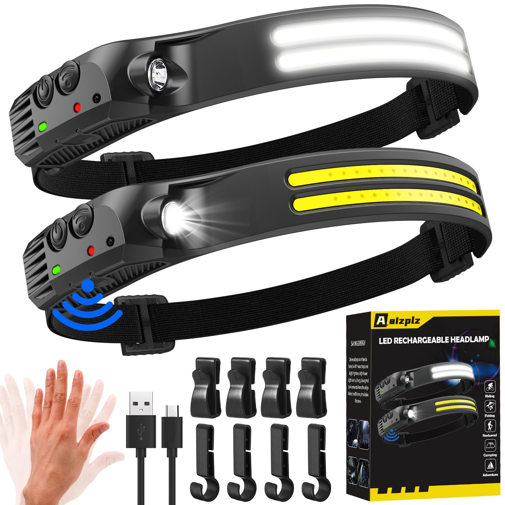 2 Pack Head Torch Rechargeable,2000 Lumens 230° Wide Beam Super Bright Headtorch with Hands Free Sensor,Led Head Torch 1500mAh IPX5 Waterproof Lightweight,Headlamp for Adults Kids Camping,Fishing