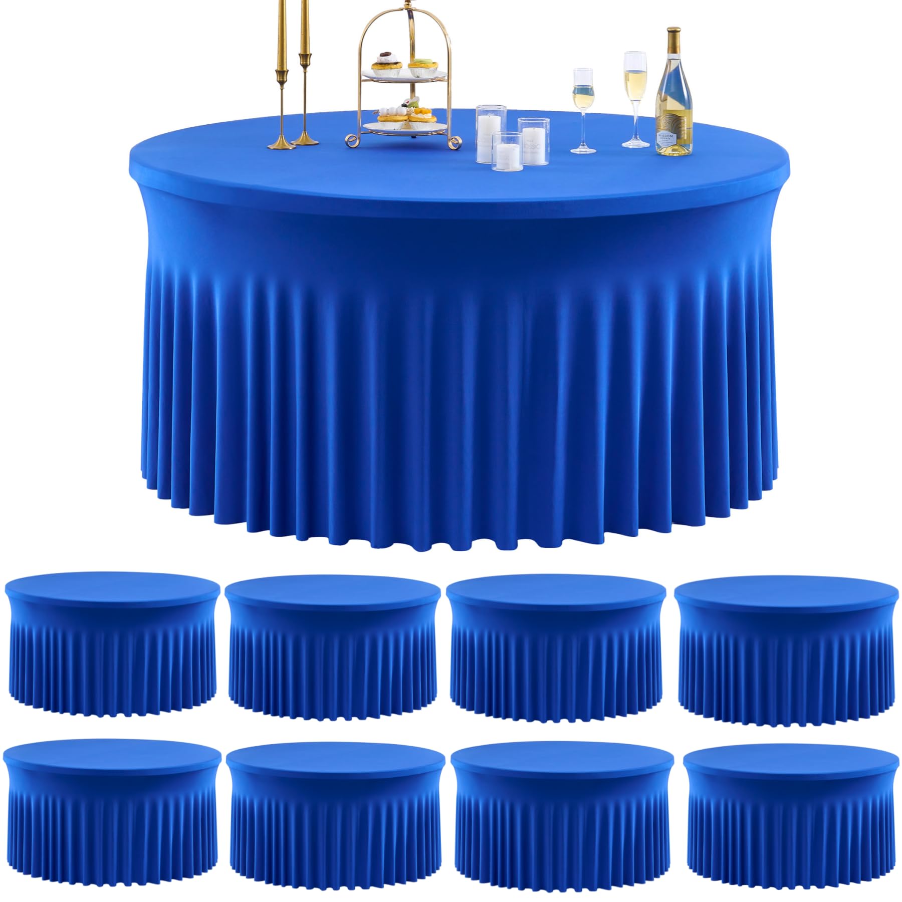 Photo 1 of Outpain 8 Pack Royal Blue Spandex Round Tablecloth for 60in Tables, 120Inch Stretchy Fitted 5FT Round Table Clothes,Wrinkle Free Table Cover with Skirt for Wedding Party Dining Banquet