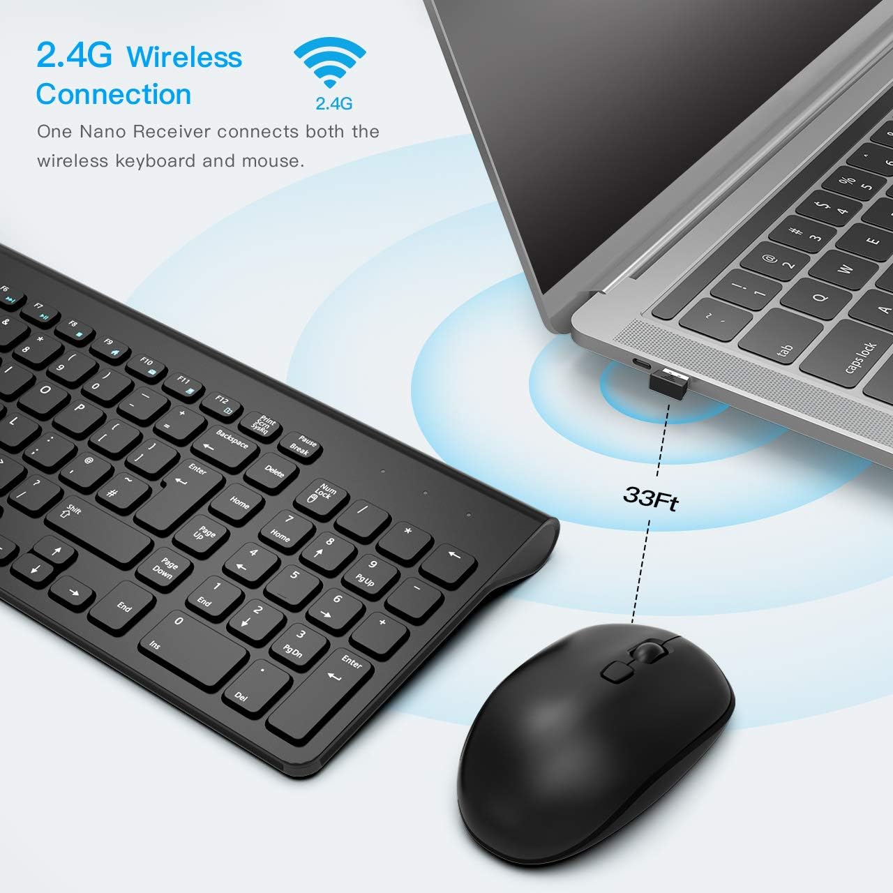 Wireless Keyboard Mouse Combo, WisFox 2.4GHz Slim Full Size Wireless Keyboard and Mouse Set with Number Pad and Nano Receiver for PC Laptop Windows, Quiet and Ergonomic (Black): Computers & Accessories