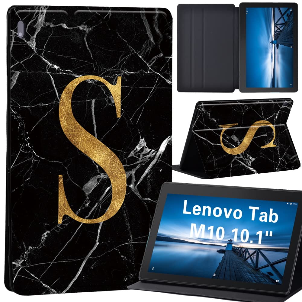Case for Lenovo Tab M10 TB-X605F/ TB-X605L/ TB-X505F/ TB-X505L - Leather Stand Cover Case for Lenovo Tab M10 10.1-Inch Tablet (letter S on black marble)