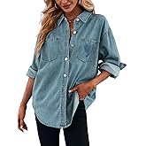 Plffkfly Women's Casual Button Down Denim Shirt Long Sleeve Boyfriend Oversized Jean Jacket with Pockets