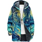 MARSVOVO Japanese Art Long Hooded Cardigan Sweater for Men Casual Full Zip Fleece Lined Knit Graphic Jacket with Pockets