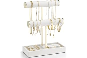 Vlando 2 Tier Bracelet Holder with Tray - Leather Jewelry Stand Organizer for Women - Christmas Gift for Women- Jewelry Holder Display for Necklace, Watches, Rings, Earrings, Bangle, Scrunchie - White