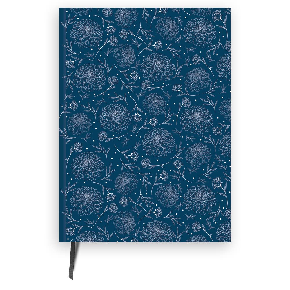 A5 Journal Notebook: Pretty Blue and White Floral Hardback Cover, Ruled Pages and Divider Ribbon