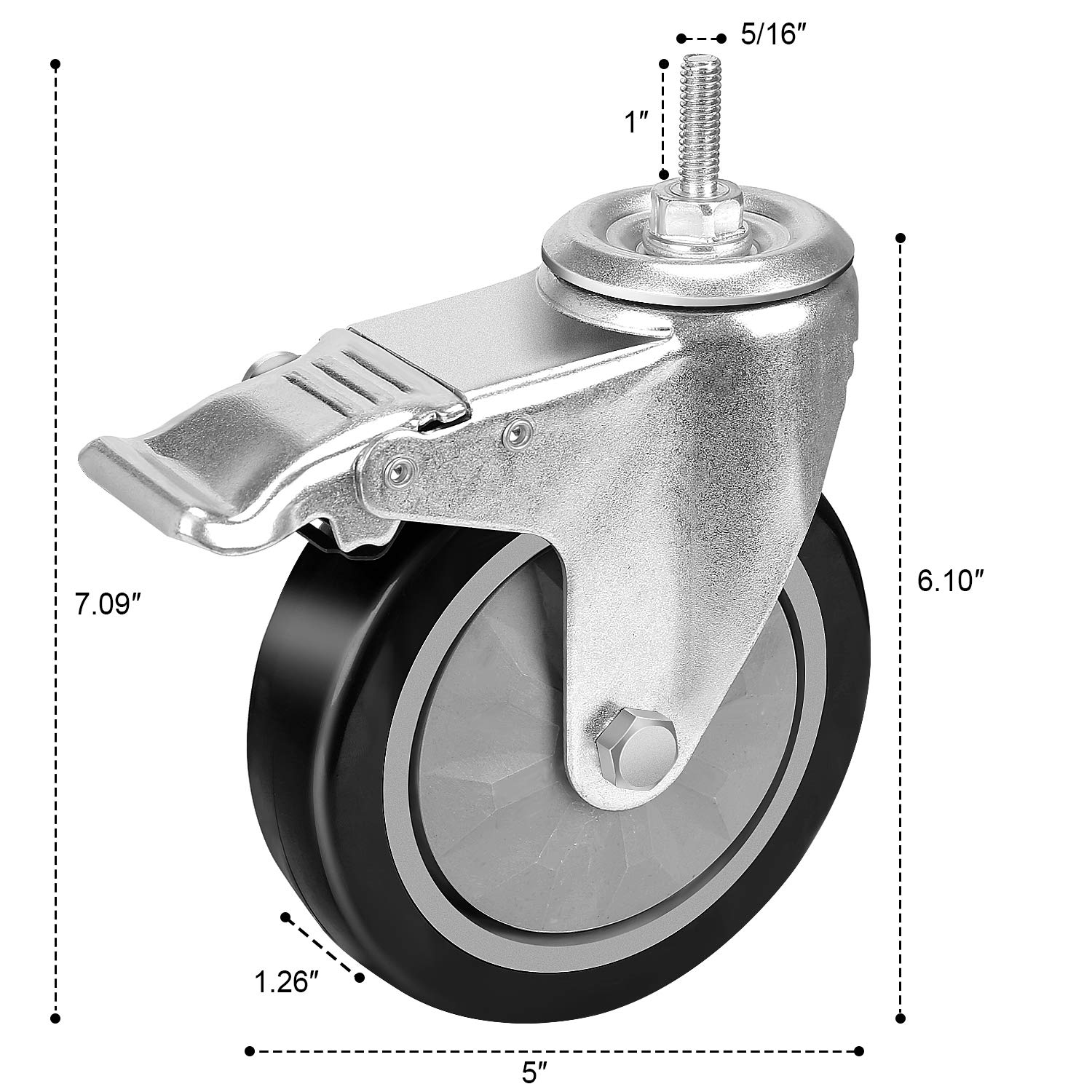 5 Inch Swivel Caster Wheels with Safety Dual Locking Set of 4, UNC 5/16"-18x1" Threaded Stem Mount Industrial Casters, Castors Heavy Duty Total Capacity 600Lbs for Furniture Dolly Workbench Trolley.: Industrial & Scientific
