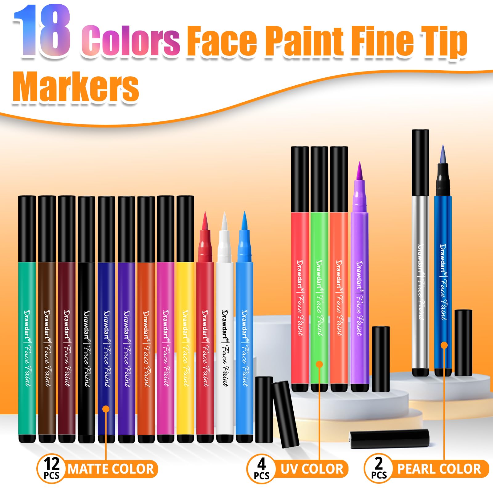 18 Colors Face Painting Markers - Water Resistant, Sweatproof, Waterproof Tattoo Pen for Halloween Body Paint - Anti-Smudge for Party, Kids, Adults