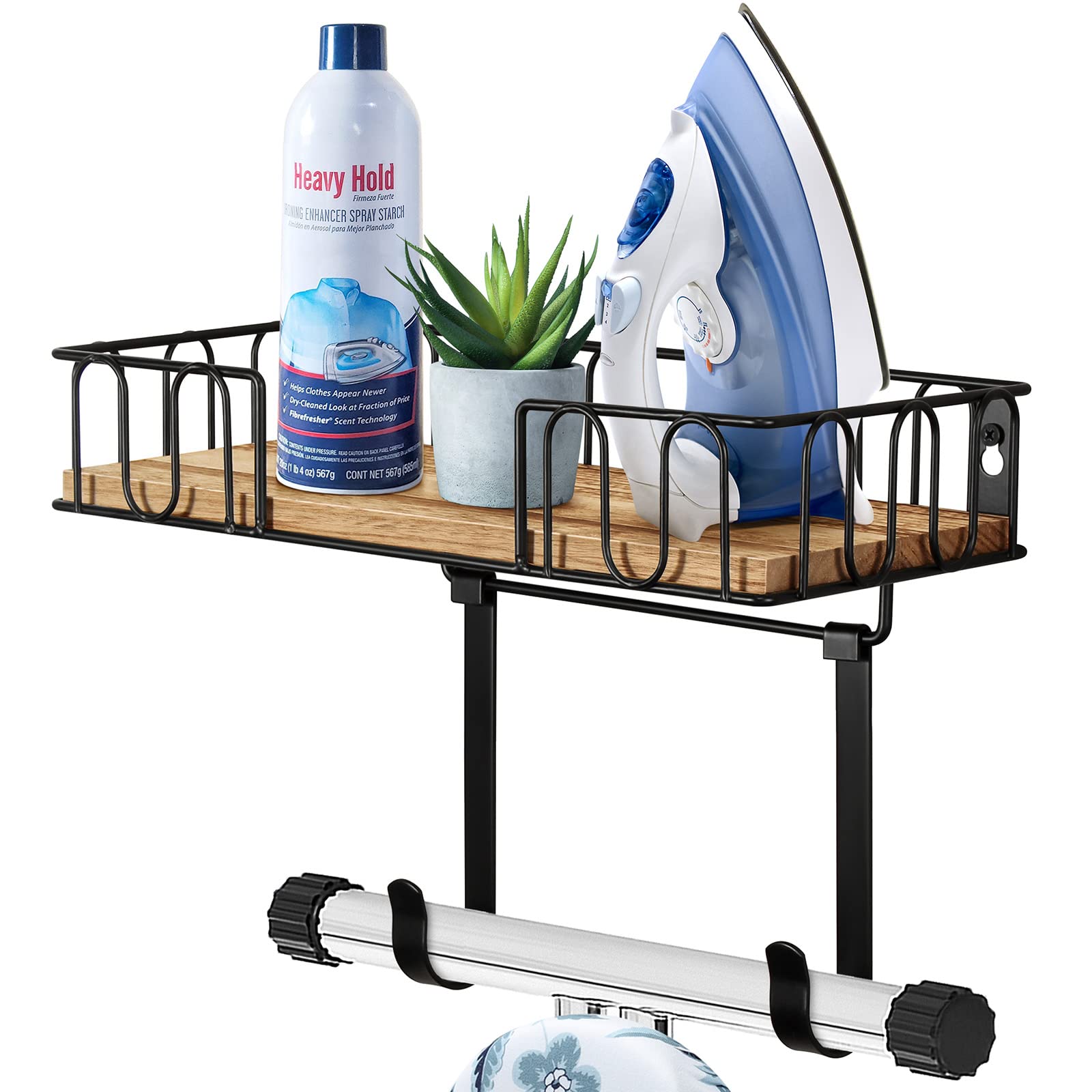 Photo 1 of TJ.MOREE Ironing Board Hanger Metal Wall Mount Iron and Ironing Board Holder, Laundry Room Decor and Storage with Large Storage Black Wooden Base Basket and Removable Hooks