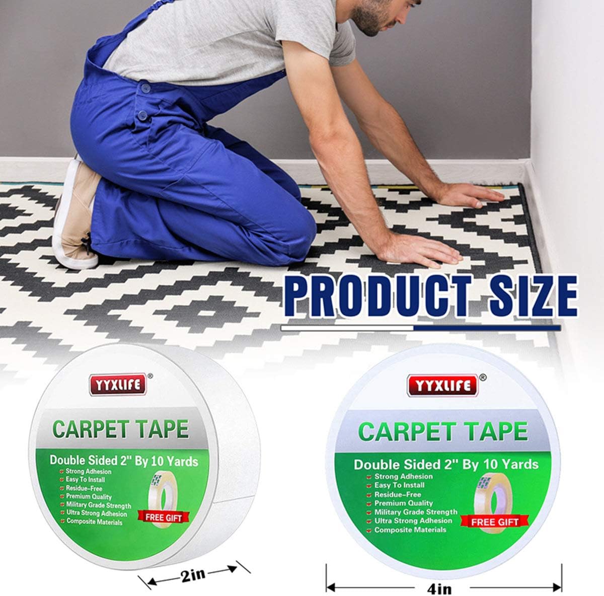 YYXLIFE Double Sided Carpet Tape for Area Rugs Carpet Adhesive Rug Gripper Removable Multi-Purpose Rug Tape Cloth for Hardwood Floors, Outdoor Rugs, Carpets.Heavy Duty Sticky Tape, 2Inch x 10 Yards, White - - 
