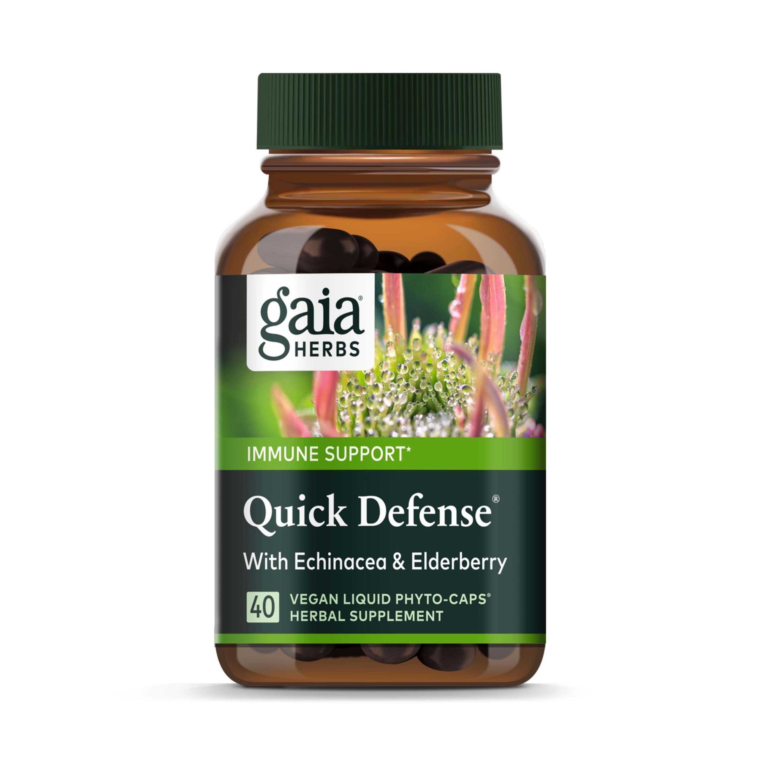 Gaia Herbs Quick Defense - Fast-Acting Immune Support Supplement for Use at Onset of Symptoms - with Echinacea, Black Elderberry, Ginger & Andrographis - 40 Vegan Liquid Phyto-Capsules (4-Day Supply)