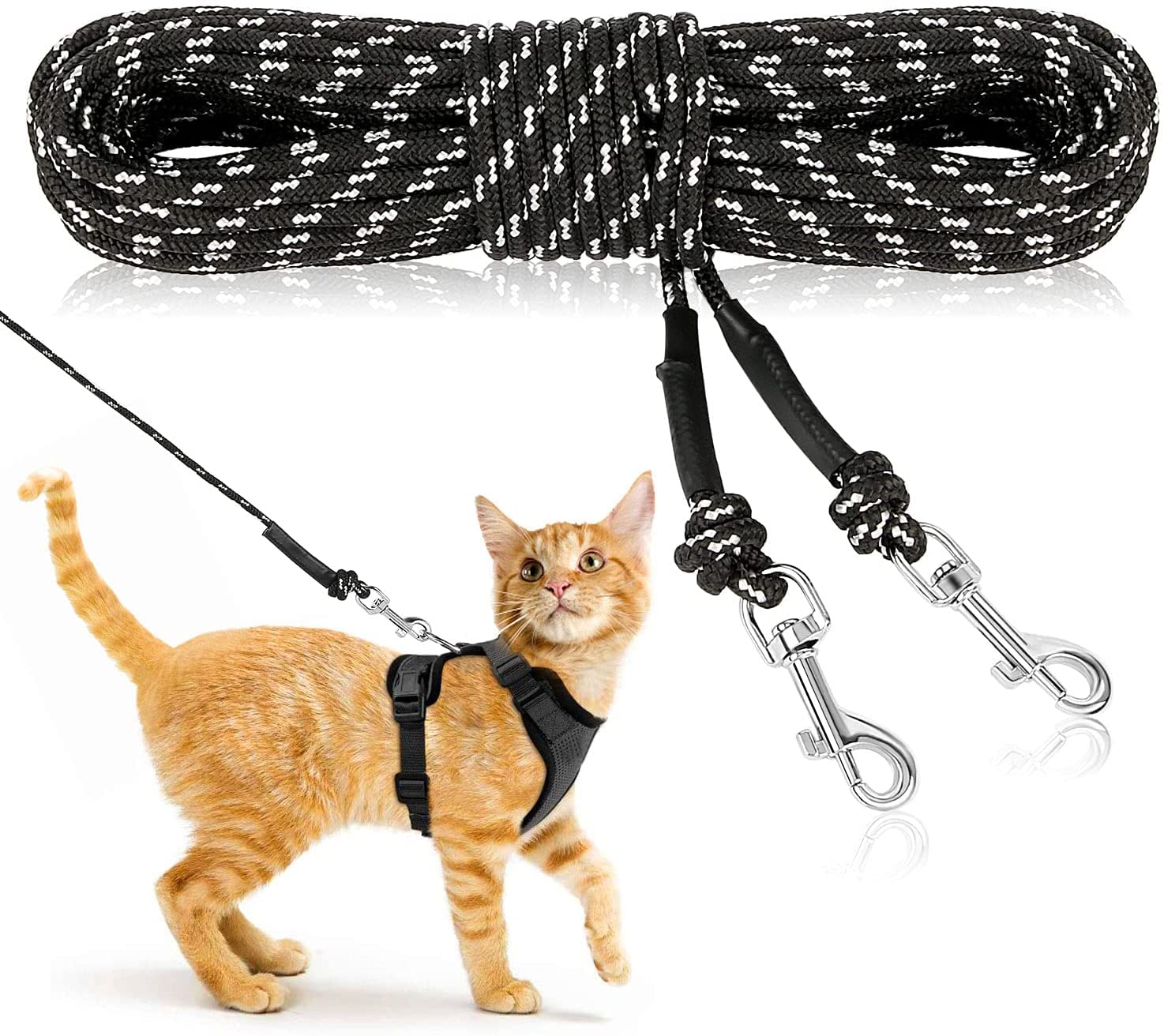 RANYPET Long Cat Lead, 15M/50FT Escape Proof, Personalized for Training & Playing, Reflective for Kitten, Puppy, Rabbit & Small Animals - Black