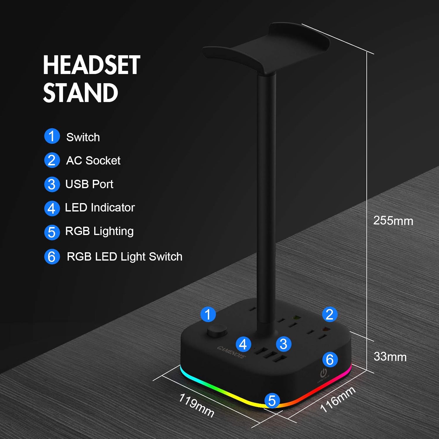 Gamenote RGB Headphone Stand & Power Strip 2 in 1 Desk Gaming Headset Holder with 3 USB Charging Ports and 3 Power Outlets Earphone Hanger Accessories for Desktop Gamer: Electronics