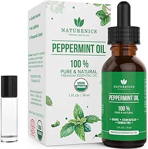 Naturenics Peppermint Essential Oil - 100% USDA Organic Mentha Piperita Therapeutic Grade-Natures Solution for Pain Relief, Relaxation &amp; Bug Repulsion- Roll On, Dropper &amp; eBook-1 Fl Oz