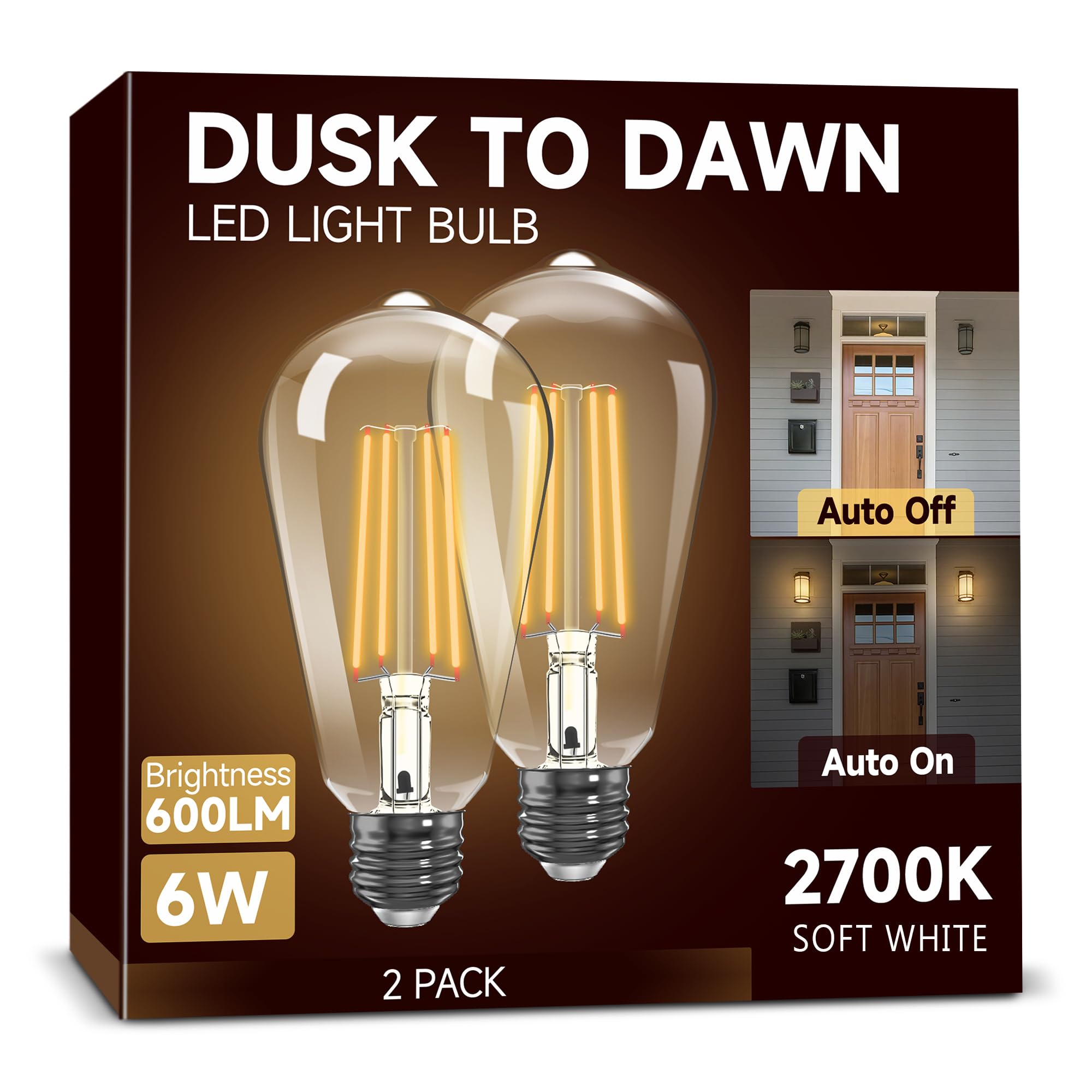 Photo 1 of UNILAMP Dusk to Dawn Light Bulbs, Outdoor Light Bulbs, ST64 6W Equivalent 60W, 2700K Soft White, 600LM LED Outdoor Lighting, E26 Base, Photocell Sensor, Auto On/Off Bulb for Porch Patio Garage, 2 Pack