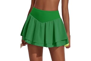 PINSPARK Womens Pleated Tennis Skirt Double Ruffle Golf Skort Tummy Control Athletic Skirts with 3 Pockets Workout Pickleball