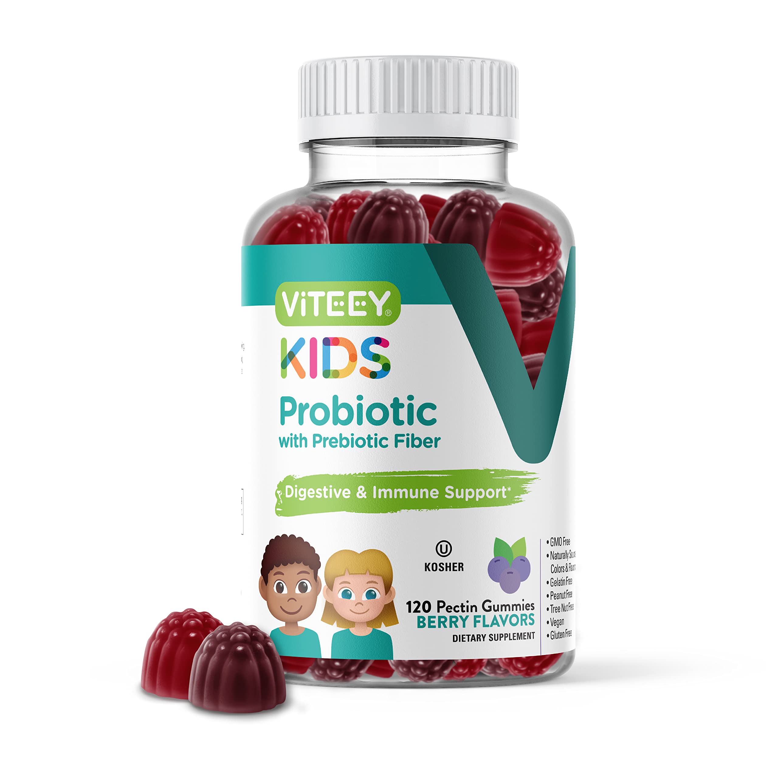 Viteey Probiotic Gummies for Kids Plus Prebiotics Fiber - 2 Billion CFUs - Digestive Health,Gut Health, Constipation Relief for Kids Support - Vegan, Gelatin Free - Chewable Probiotic Berry Flavored