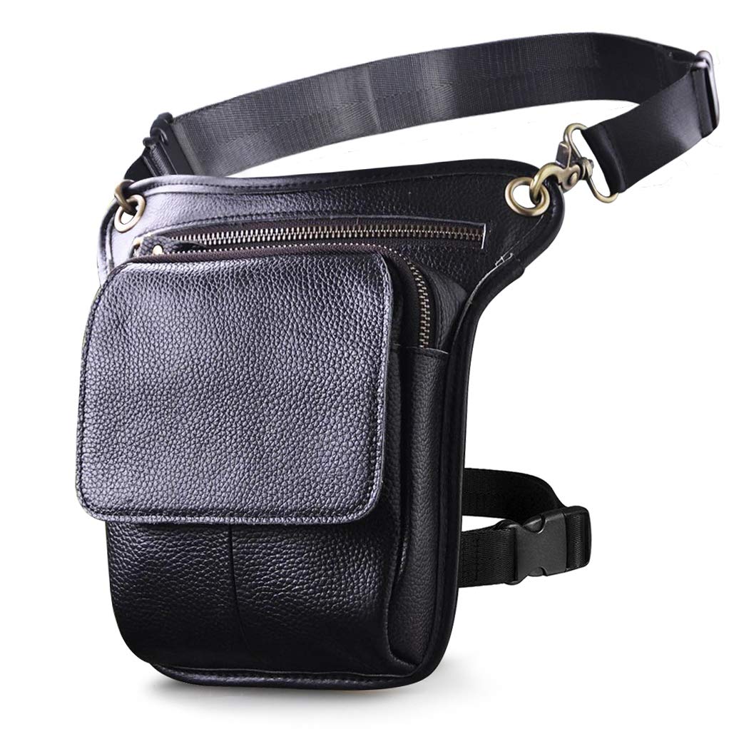 Le'aokuu Mens Genuine Leather Messenger Motorcycle Outdoor Hip Bum Fanny Belt Waist Pack Drop Leg Thigh Bag 211-1 (211-1 A3 Black)