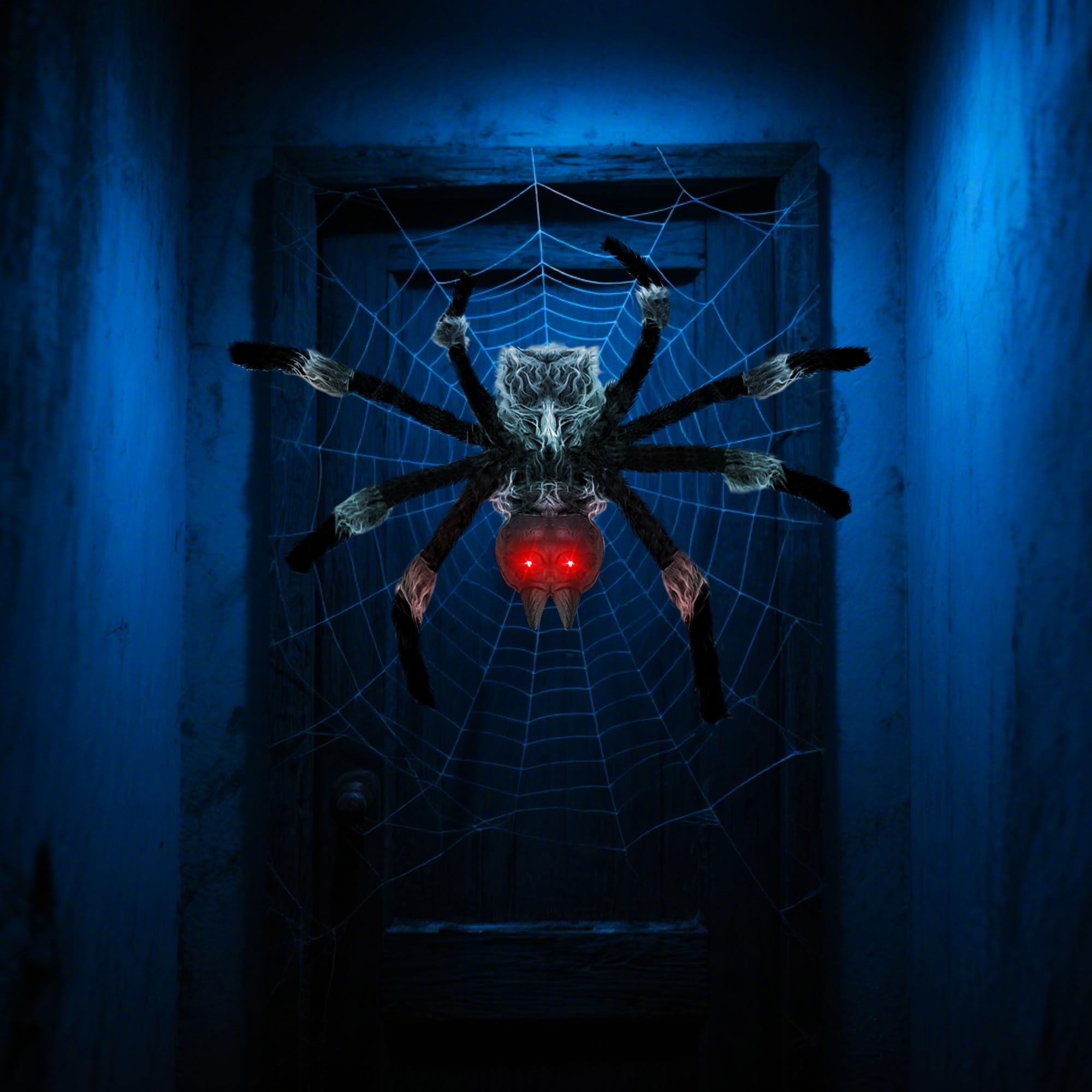 Photo 1 of 27'' Halloween Spider Hanging Decorations, Up and Down Automatically Sound Activated Scary Shaking Spiders Fake Hairy Spider Props for Halloween Animatronics Decorations Yard Party Garden Lawn Decor