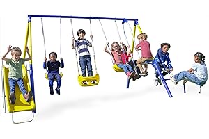 Sportspower Royal Fun Metal Swing Set: 2 Swings/Standing Swing, 2 Kid Roman Glider Swing & 5' Wavy Slide, EXCEEDS All ASTM Safety Standards *Bonus 4pc Anchor Kit*
