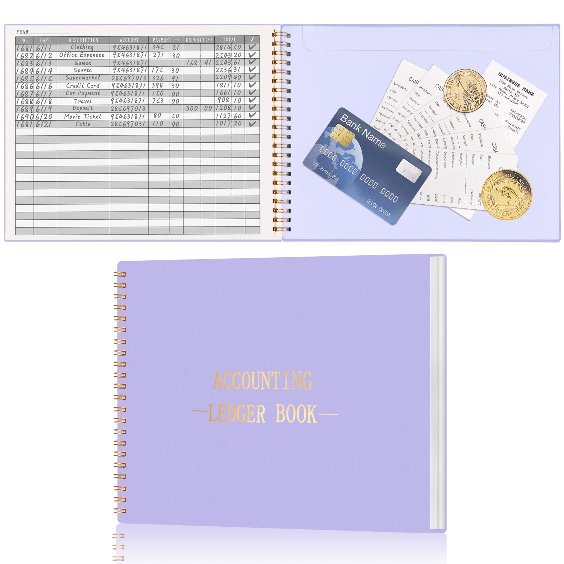 HAUTOCO Accounts Book for Finance Bookkeeping, Accounting Ledger Book for Small Businesses and Home Budget Tracking, Income and Expense Log Books - 257 x 200 mm (Purple)