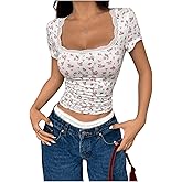 Floerns Women's Floral Short Sleeve Crop Top Summer Square Neck Lace Trim T Shirts