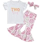 Toddler Baby Girls Birthday Outfits Letter Tassel Shirt Donut Cake Floral Flared Long Pants Headband 3Pcs Summer Set
