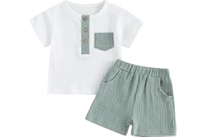 fhutpw Baby Boy Summer Outfits Henley Shirt Soft Pocket Short Sleeve Tops & Shorts Sets Infant 3 6 12 18 Months 2T Clothes