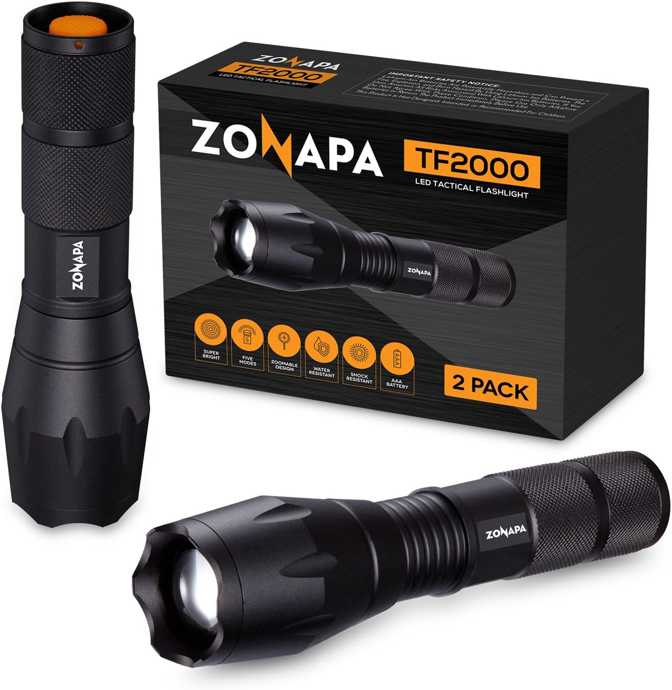 ZONAPA Tactical LED Flashlight (2-Pack) High Lumens, 5 Ultra-Bright Lighting Modes Strobe, SOS | Indoor, Outdoor Emergency, Camping, Hiking, Security | Waterproof, Zoomable - - 