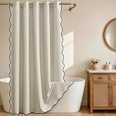 Furlinic No Hook Scalloped Shower Curtain Natural Linen Modern Fabric 72x75 | Waterproof 75 Inch Long Farmhouse Decorative We