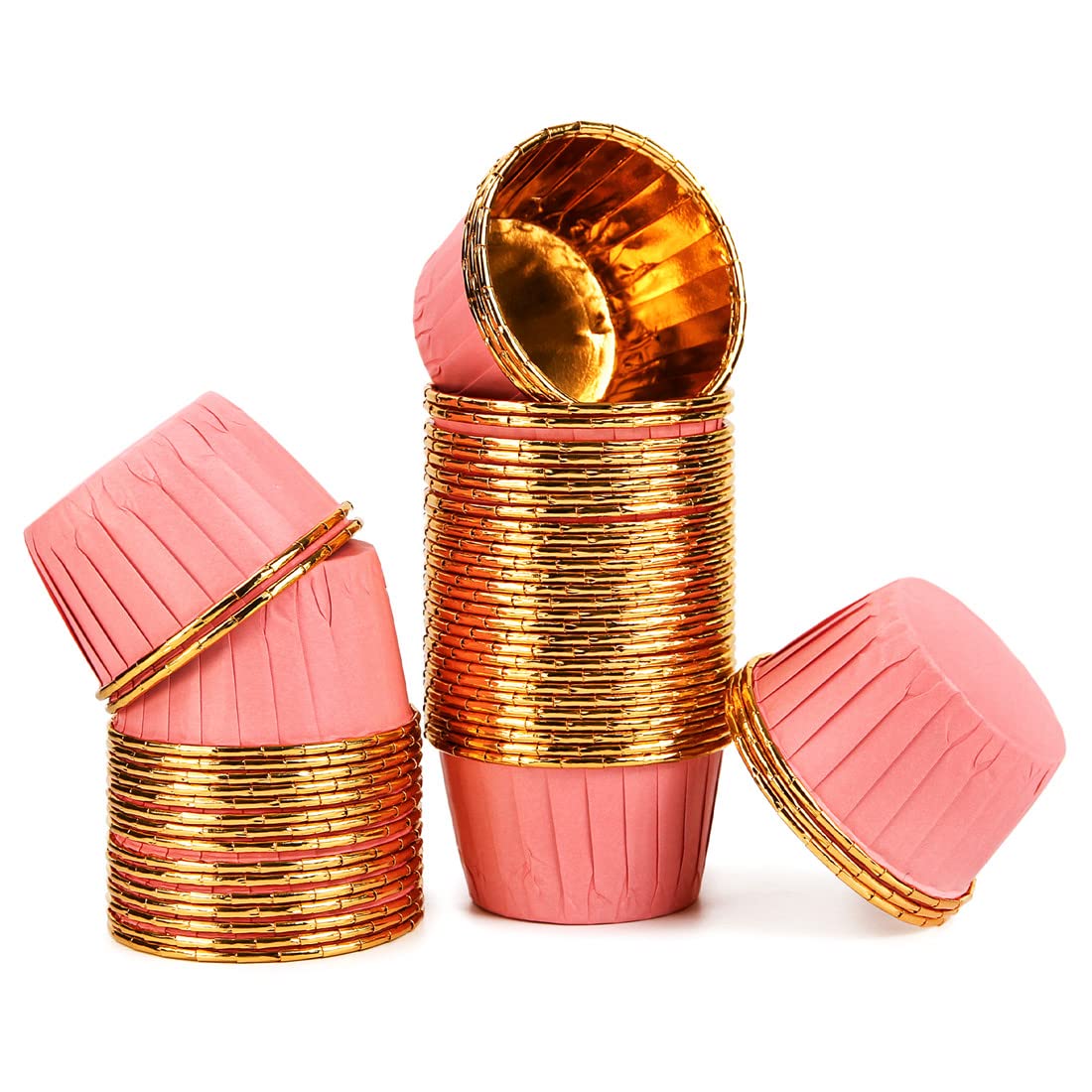 Spesh 50 Pcs Cupcake Cases Muffin Liners Cases Foil Metallic Cake Cups Oil Proof Baking Cups for Birthday,Wedding,Christmas(Pink-Gold)