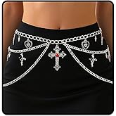Sethexy Silver Cross Chain Belt Multi-layered Gothic Waist Chain Heart Punk Chain Belts Dress Belts Adjustable Body Chain Jewelry for Women
